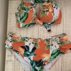 SHEIN orange and white floral print bikini, size m